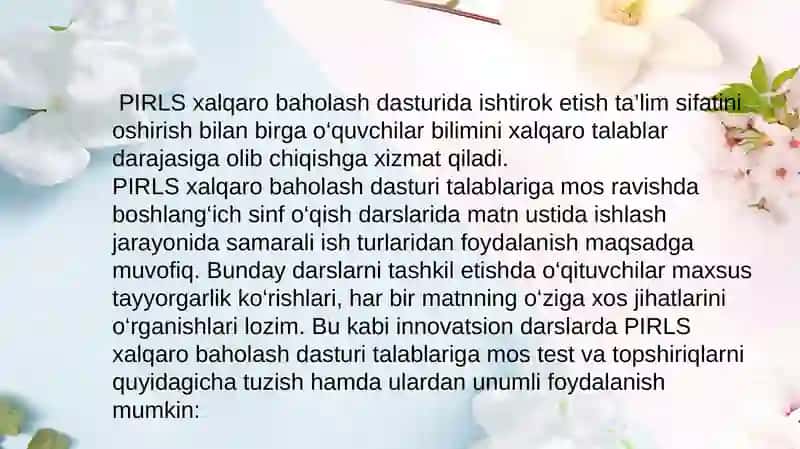 Bulğusi pedagog sifatida matnni o‘qish va qabul qilish haqida tezkor loyiha lar (maktab o‘quvchilarmisolida) 4