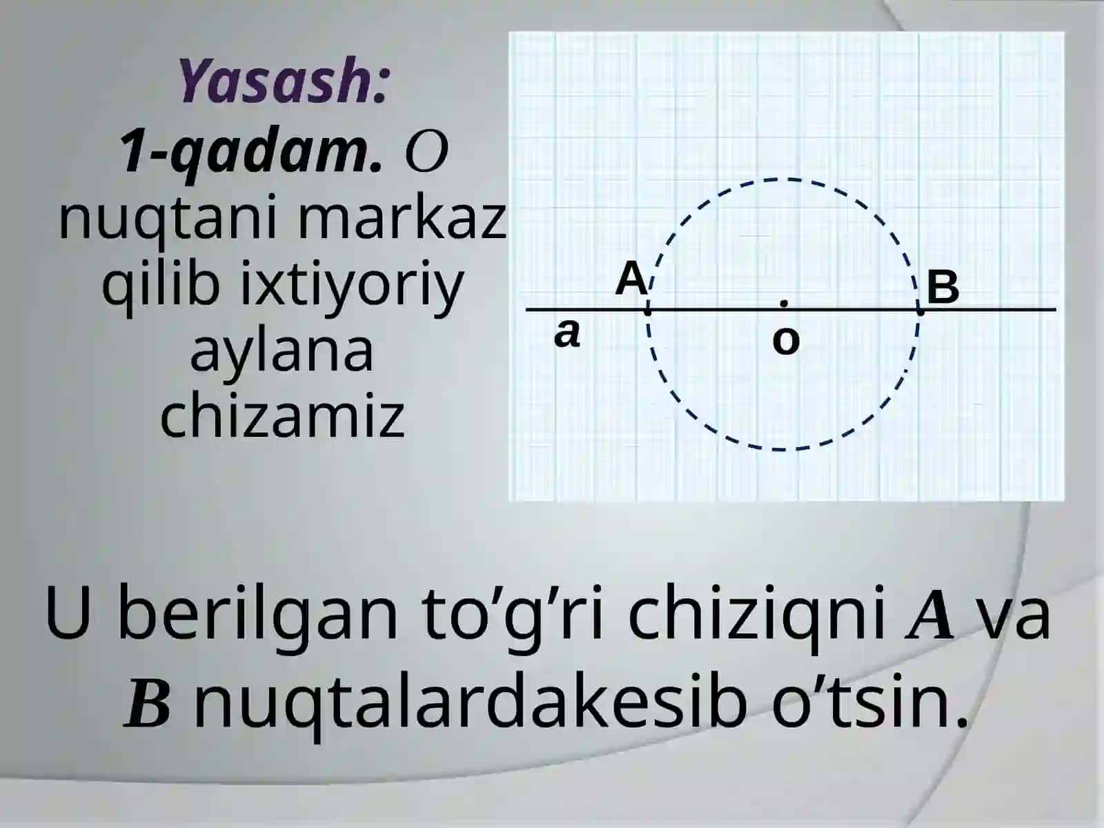 Berilgan to‘g‘ri chiziqqa uning O nuqtasidan o‘tuvchi perpendikulyar to‘g‘ri chiziqni yasash. Kesmani teng ikkiga bo‘lish 4