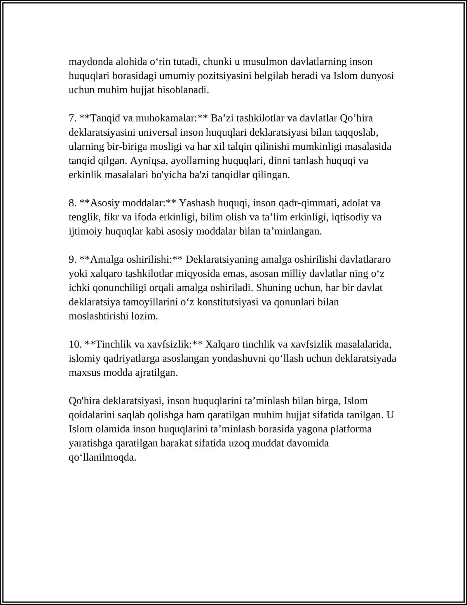 QOHIRA DEKLARATSIYASI TARIXI VA MAZMUNI BORASIDA TAHLILIY REFERAT TAYYORLASH 4
