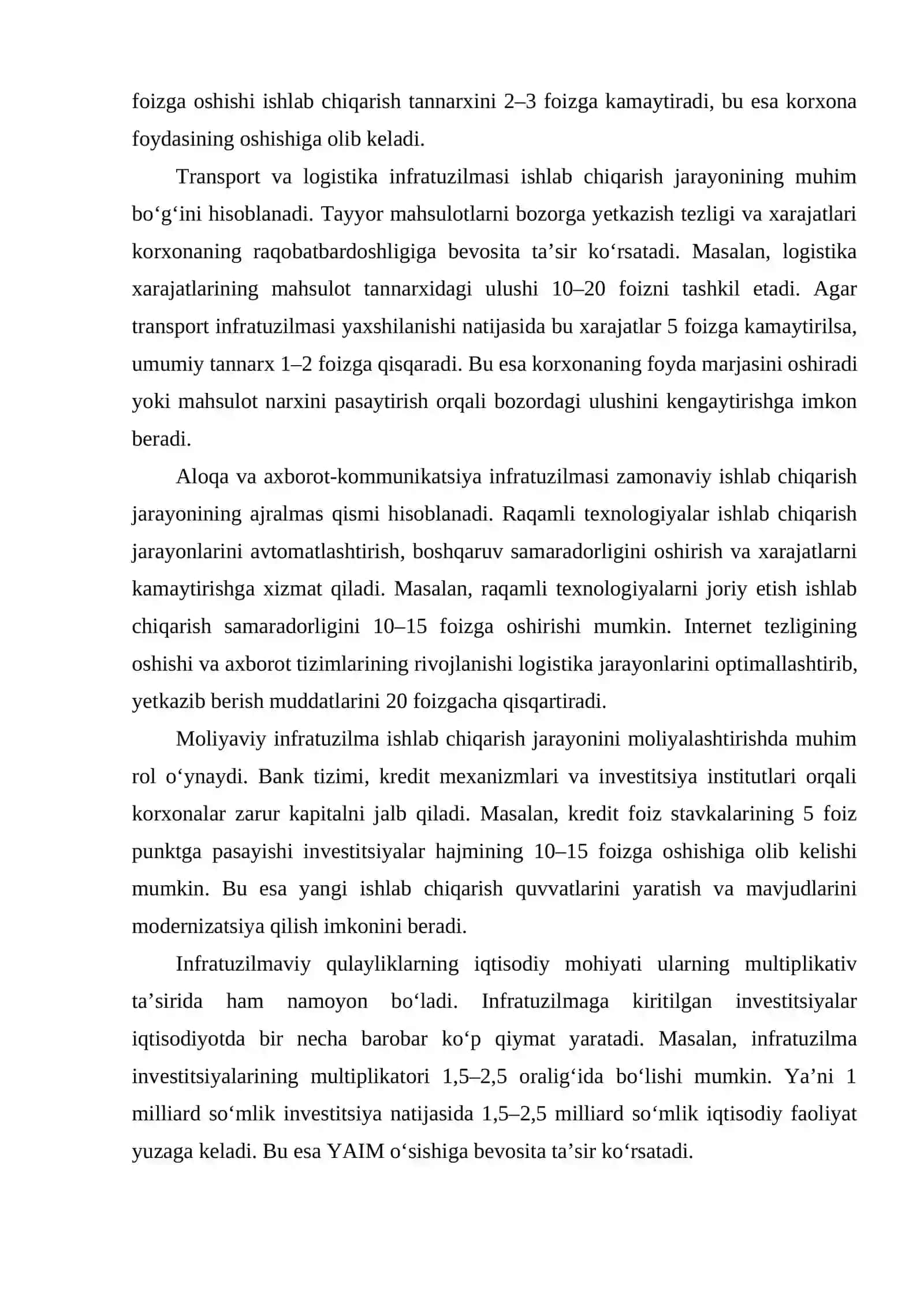 Ishlab chiqarishni takomillashtirishda infratuzilmaviy qulayliklarni baholash yo‘nalishlarini ishlab chiqish 4