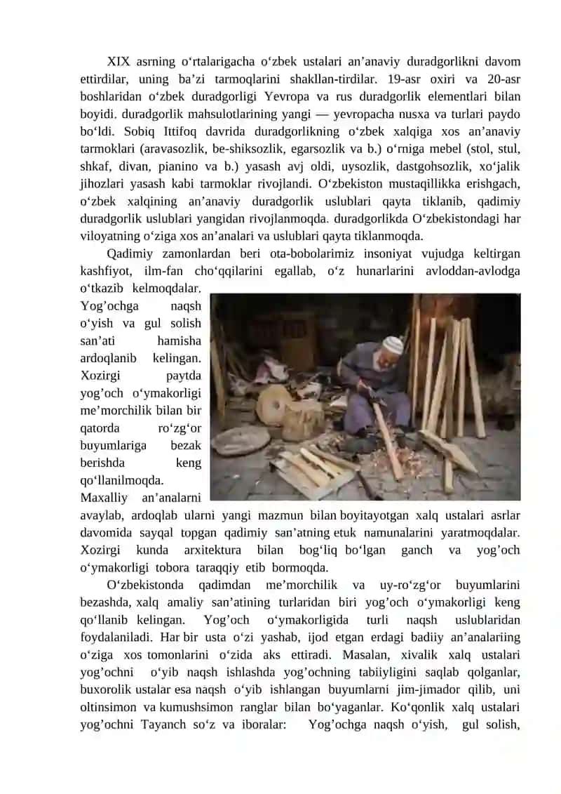 Duradgorlikning xalq turmushidagi roli va vazifasi.Har xil yuzalarni egovlash 4