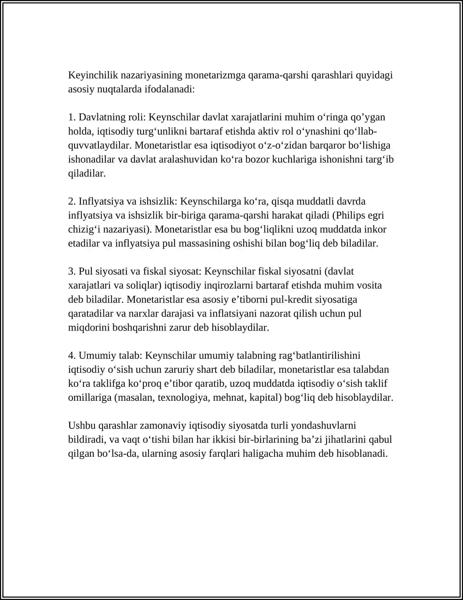 KEYNSCHILIK NAZARIYASI VA MONETARIZM: QARAMA-QARSHI YONDASHUVLAR 4