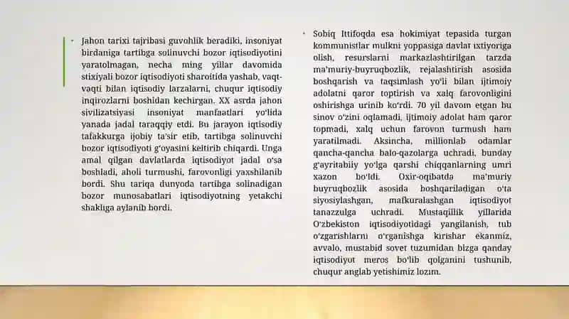 Bozor iqtisodiyotiga o‘tilishi, kichik biznes va xususiy tadbirkorlikning rivojlantirilishi, mamlakatimizdagi iqtisodiy o’sish 4