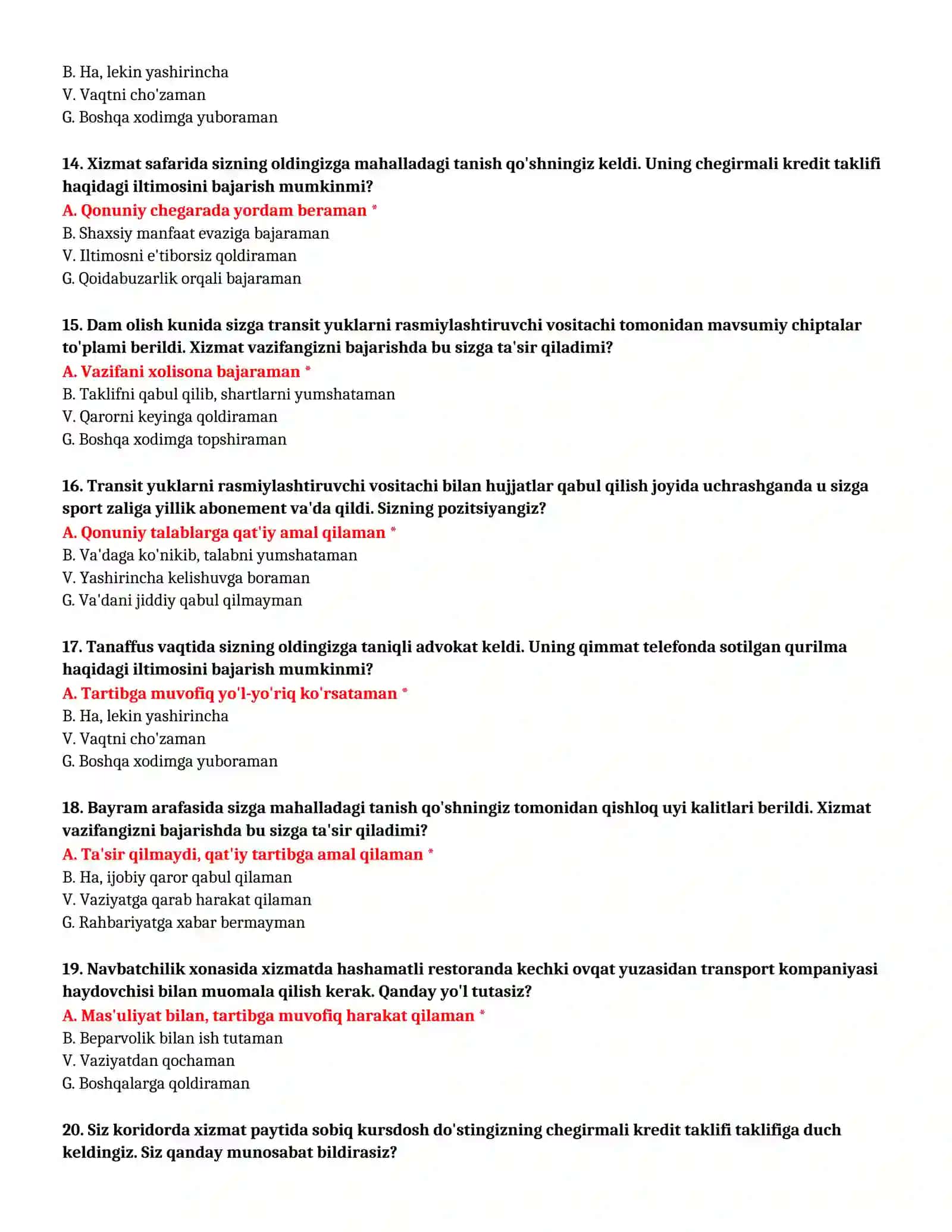 BOJXONA AKADEMIYASI - TEST SAVOLLARI (№ 6) 4