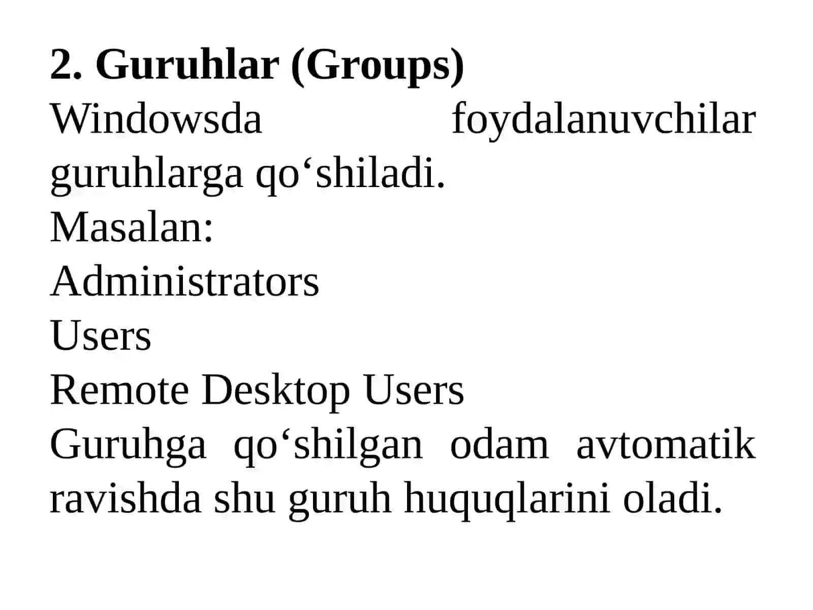 Windows/Linux tizimlarida foydalanuvchi rollarini sozlash, guruhlarni boshqarish 4
