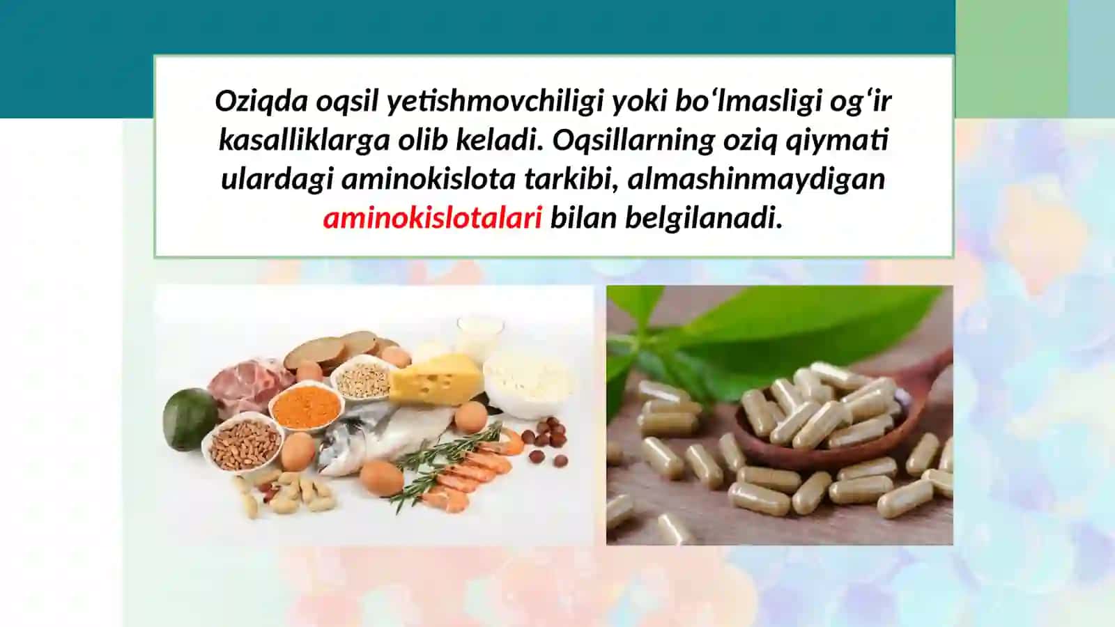 Oqsillar yog'lar uglevodlar va vitaminlarning, organizmumdagioqsillarkiradi 4