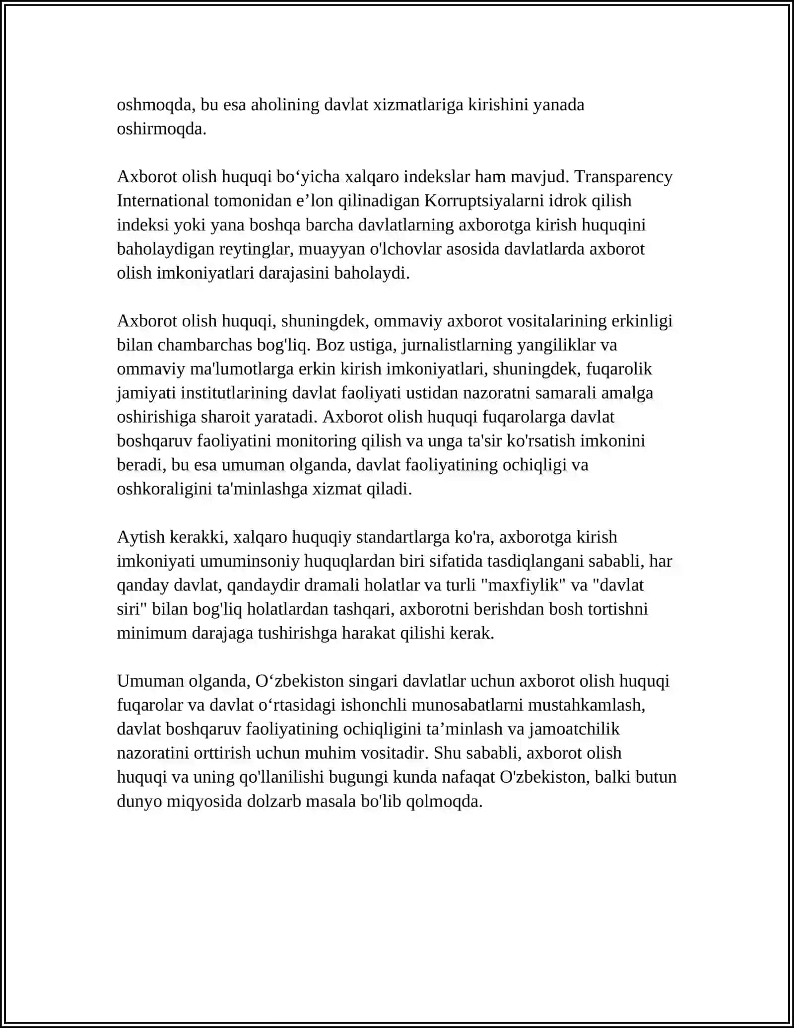 “AXBOROT OLISH KAFOLATLARI VA ERKINLIKLARI” TOʻGʻRISIDAGI QONUN 4