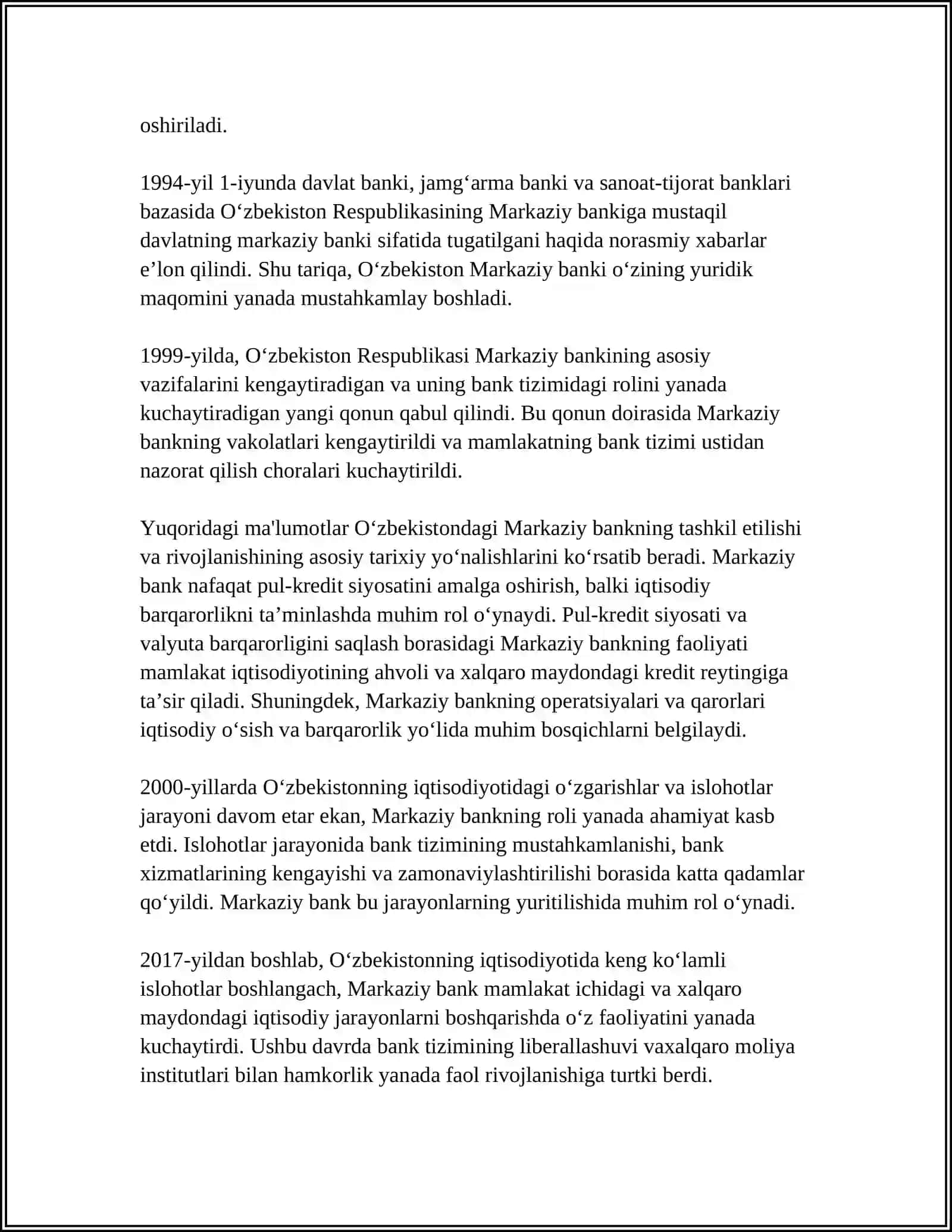 MARKAZIY BANK FUNKSIYA VA VAZIFALARI HAQIDA REFERAT 15 VAROQLI 4