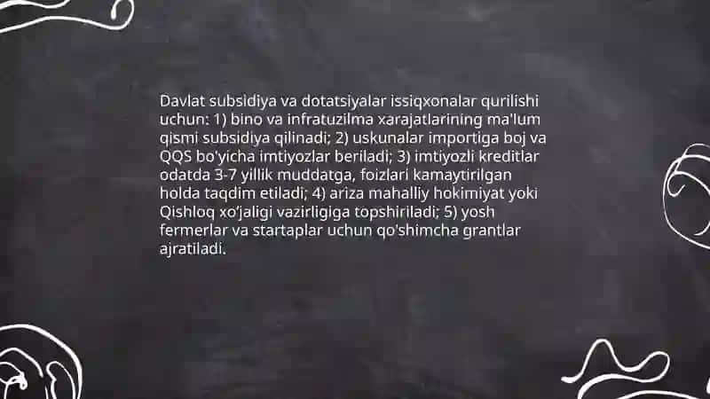 Bogʻ va uzumzorlar issiqxonalar uchun davlat imtiyozlari 4