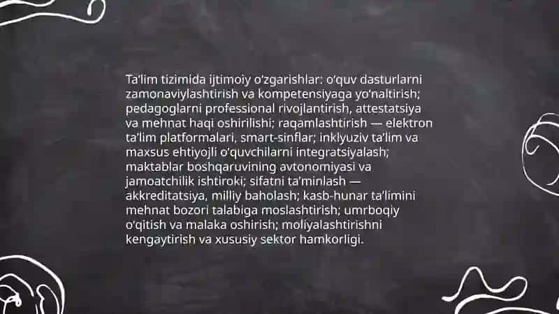 Oʻzbekistonda ijtimoiy sohada amalga oshirilayotgan oʻzgarishlar mazmuni va mohiyati 4
