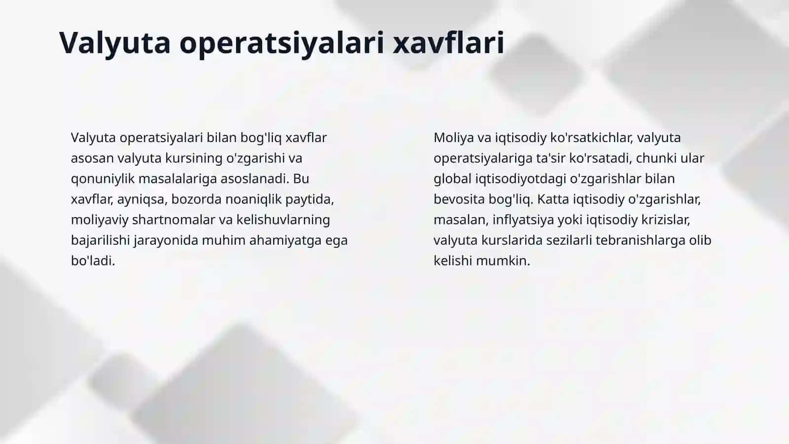 Valyuta operatsiyalari buyicha auditda etibor berilishi kerak bòlgan xavflar nimalardan iborat 4