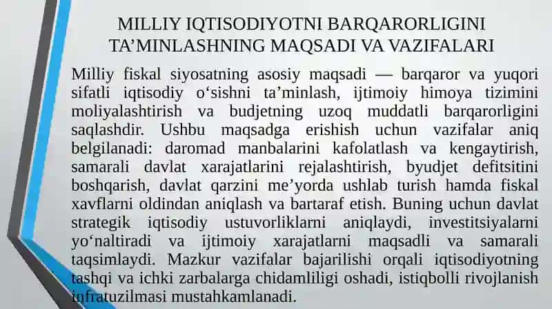 Davlatning iqtisodiyotini va davlat budjetini barqarorligini taʼminlashga qaratilgan moliyaviy siyosati 4