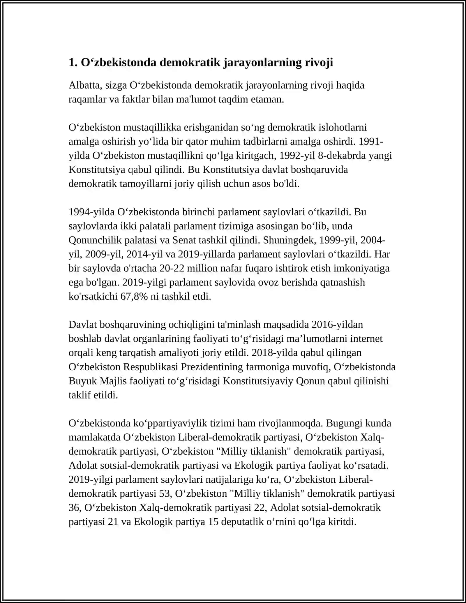 O'ZBEKISTONDA DEMOKRATIK FUQAROLIK JAMIYATI ASOSLARINING SHAKLLANISHI. AMALGA OSHIRILGAN SIYOSIY ISLOHOTLAR 4