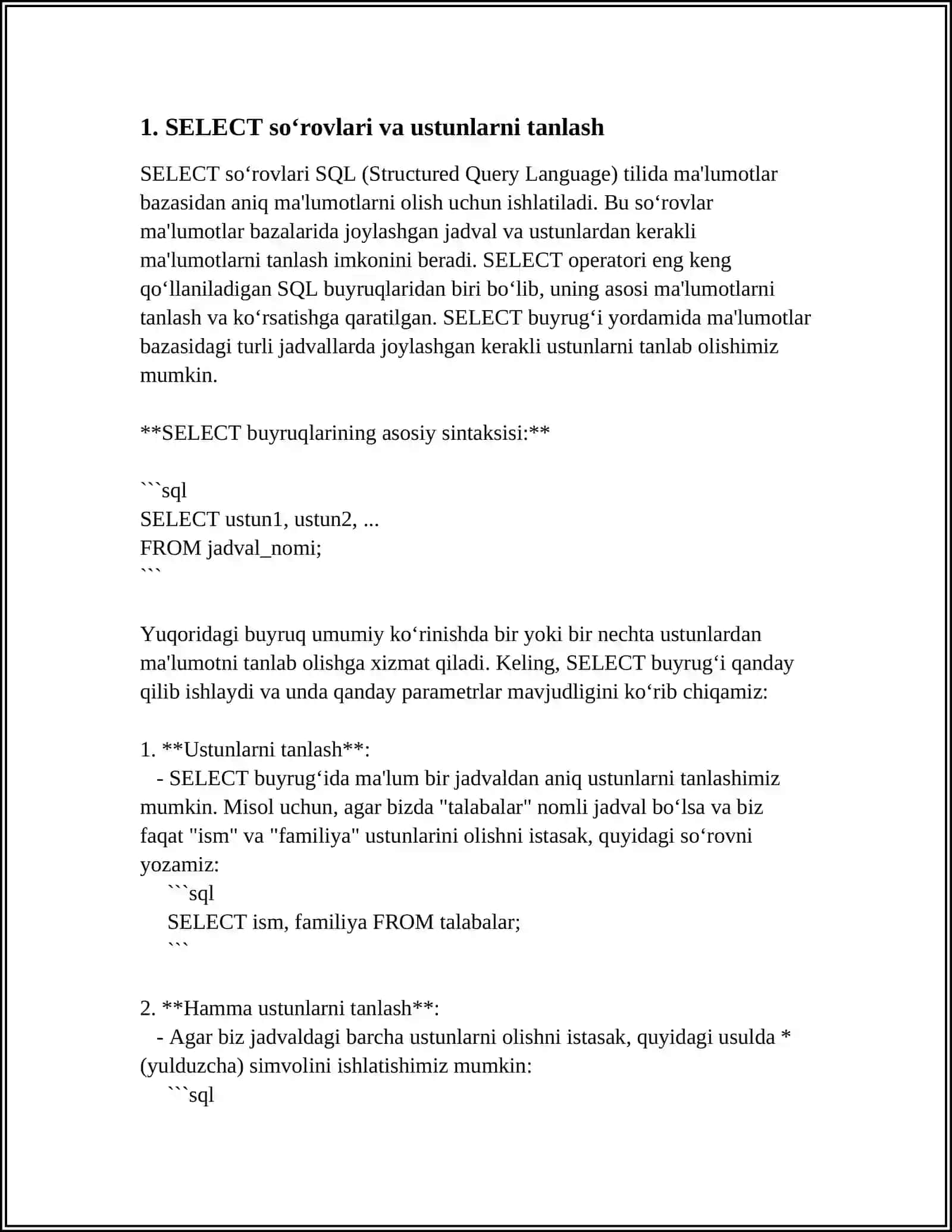 MAUMOTLAR BAZASINI BOSHQARISH TIZIMINING ORACL MS SQL SERVER VA MYSQL DASTURLARIDA FOYDALANILADIGAN SQL-TARTIBDLANGAN SOROVLAR TILINING ASOSIY BUYRUQLARI 4