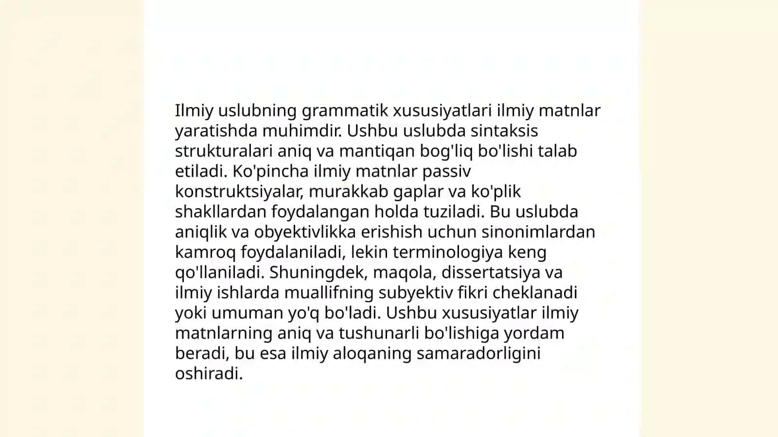 Ilmiy uslub rasmiy idoraviy uslublarning leksik-grammatik xususiystlari mavzusida puplitsistik maqola tayyorlash 4