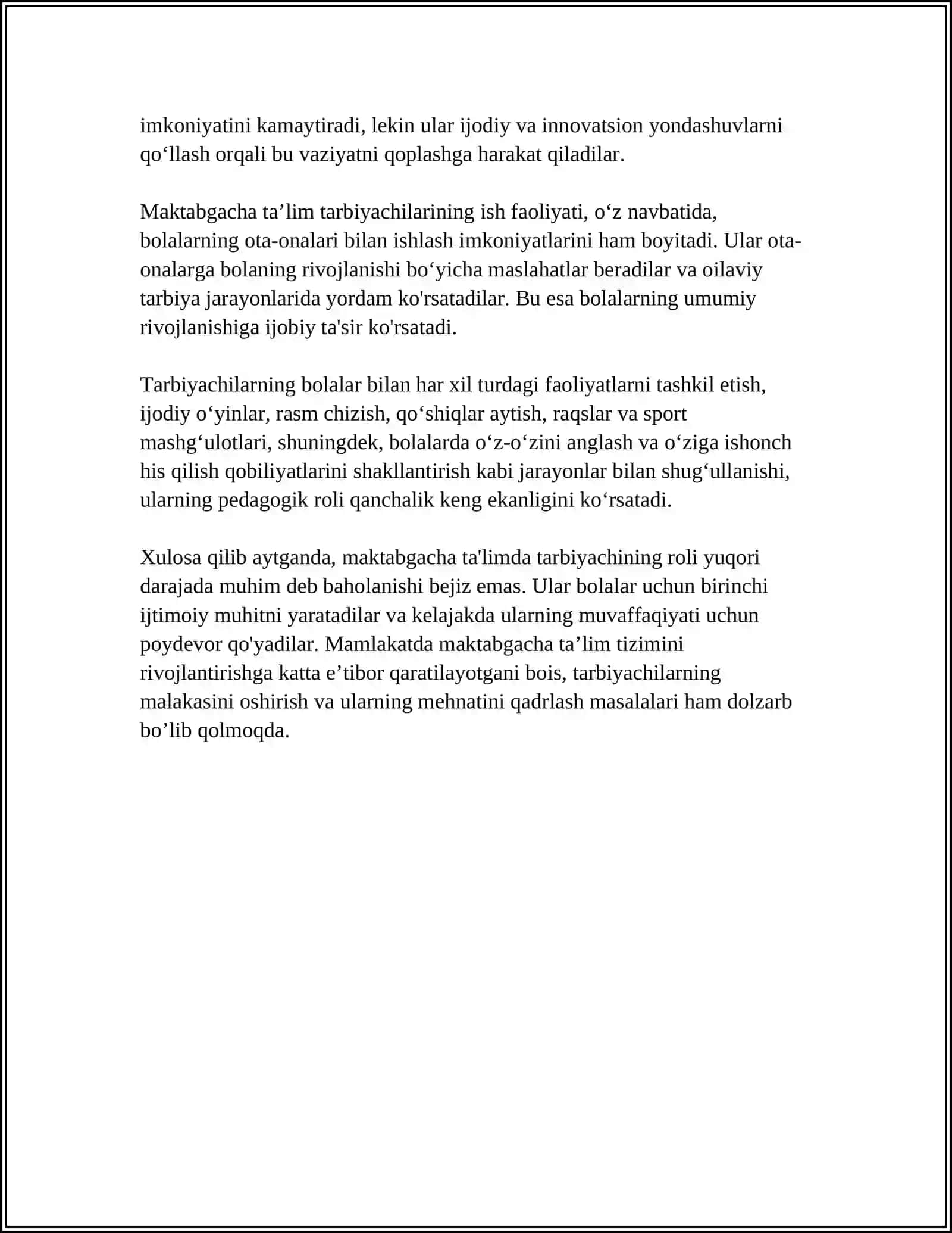 MAKTABGACHA TAʼLIM TASHKILOTIDA FAOLIYATINI TASHKIL ETISH TARBIYACHINING PEDAGOGIK MAHORATI 4