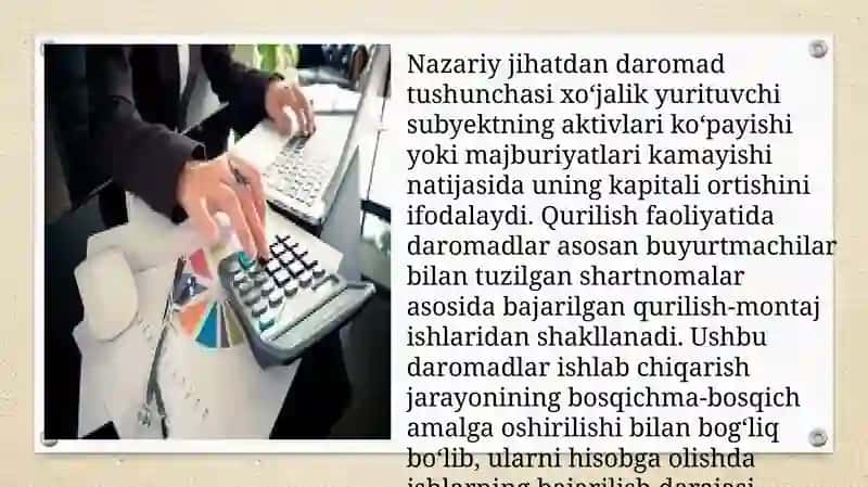 Qurilish ishlarini bajarishdan olingan daromadlar va buyurtchilar bilan hisob-kitoblarning hisobi 4