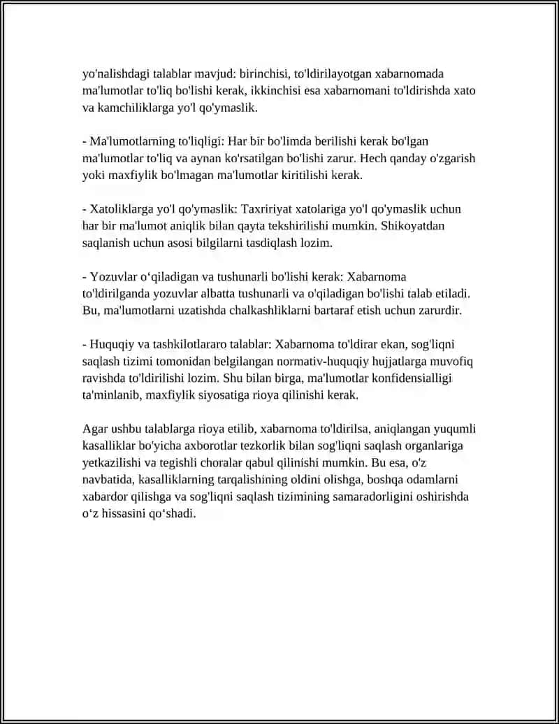 ANIQLANGAN YUQUMLI KASALGA SHOSHILINCH XABARNOMA TO'LDIRISH 4