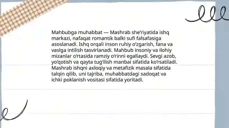 Mashrab she'riyatining g'oyaviy badiiy xususiyatlari 4