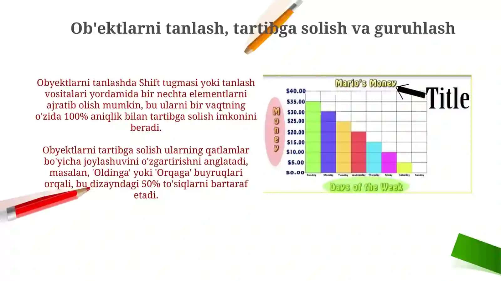 Grafik tasvirdagi obyektlar ustida ishlash. Oddiy grafiklar, diagrammalar, jadvallar. 4