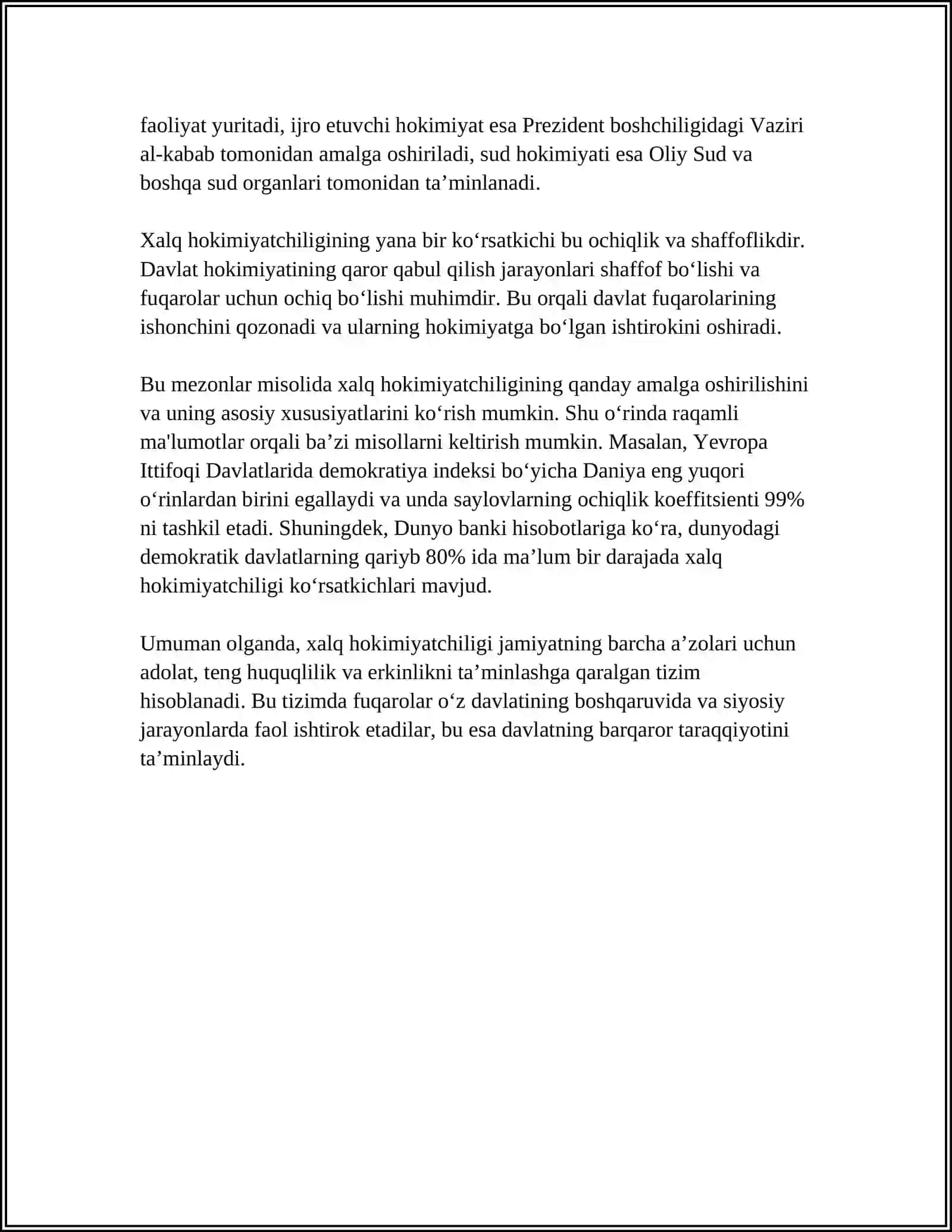 MUSTAQIL ISH Mavzu: XALQ HOKIMIYATCHILIGI - DAVLAT HOKIMIYATINI AMALGA OSHIRISHNING ASOSIY TAMOYILI SIFATIDA 4