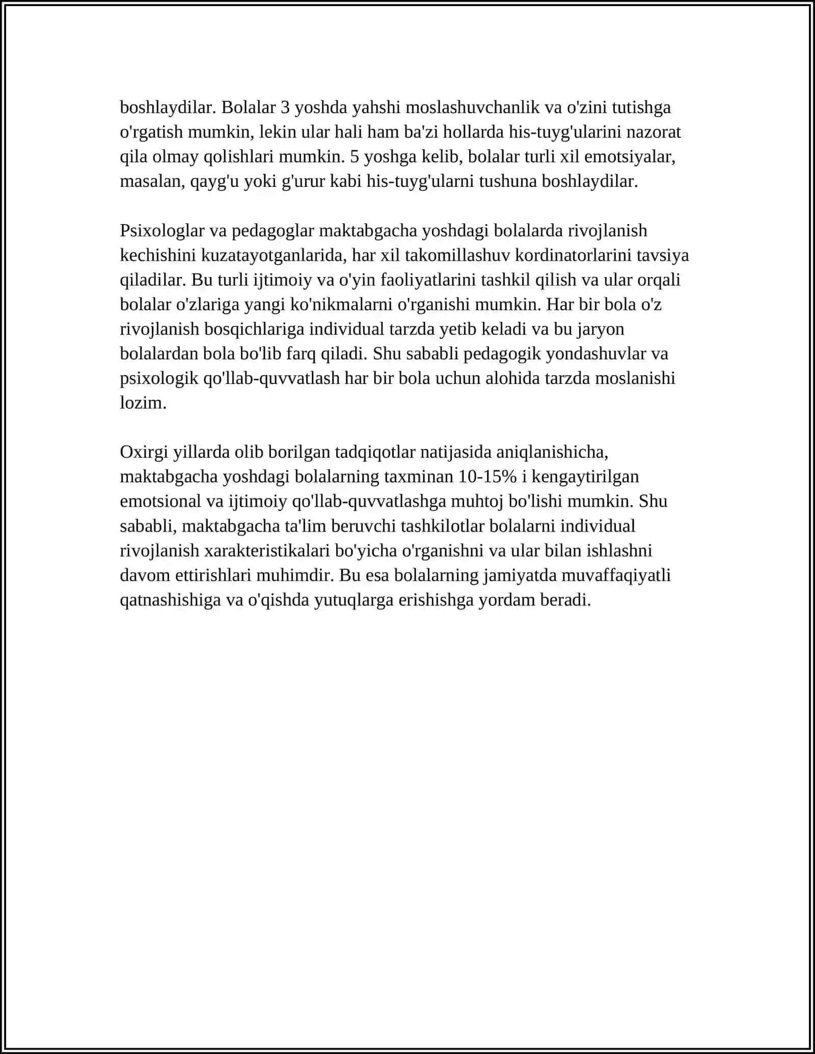 MUSTAQIL ISH Mavzu: MAKTABGACHA YOSHDAGI BOLALAR SHAHSIYATINI SHAKILLANTIRISHDA TARBIYACHINING ROLI 4