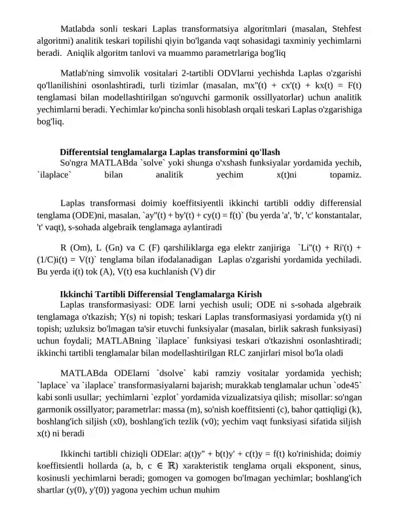 Laplas Transformasiyasi bilan MATLAB da 2-tartibli Differensial Tenglama Yechish 4