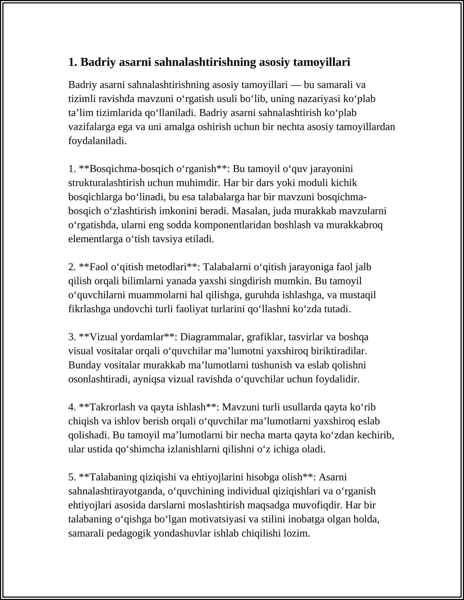 BADIIY ASARNI SAHNALASHTIRISH TURLARI VA UNI QOʻYIB KOʻRSATISH METODLARI 4