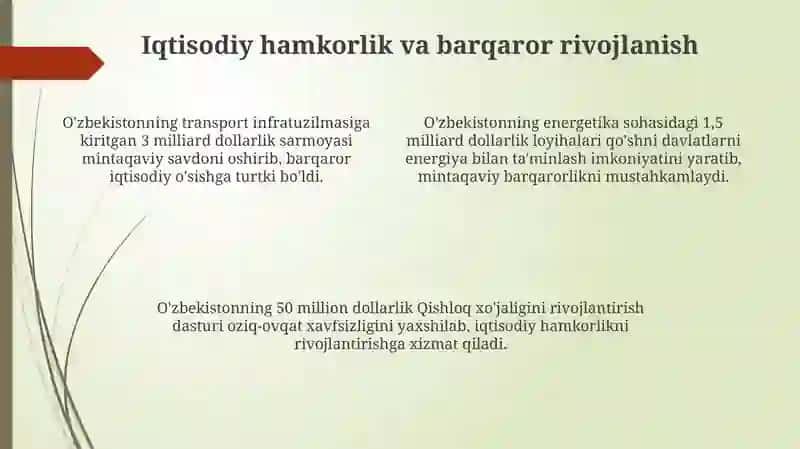 O'zbekistonning Markaziy Osiyoda tinchlik va barqarorlikni ta'minlash yoli 4