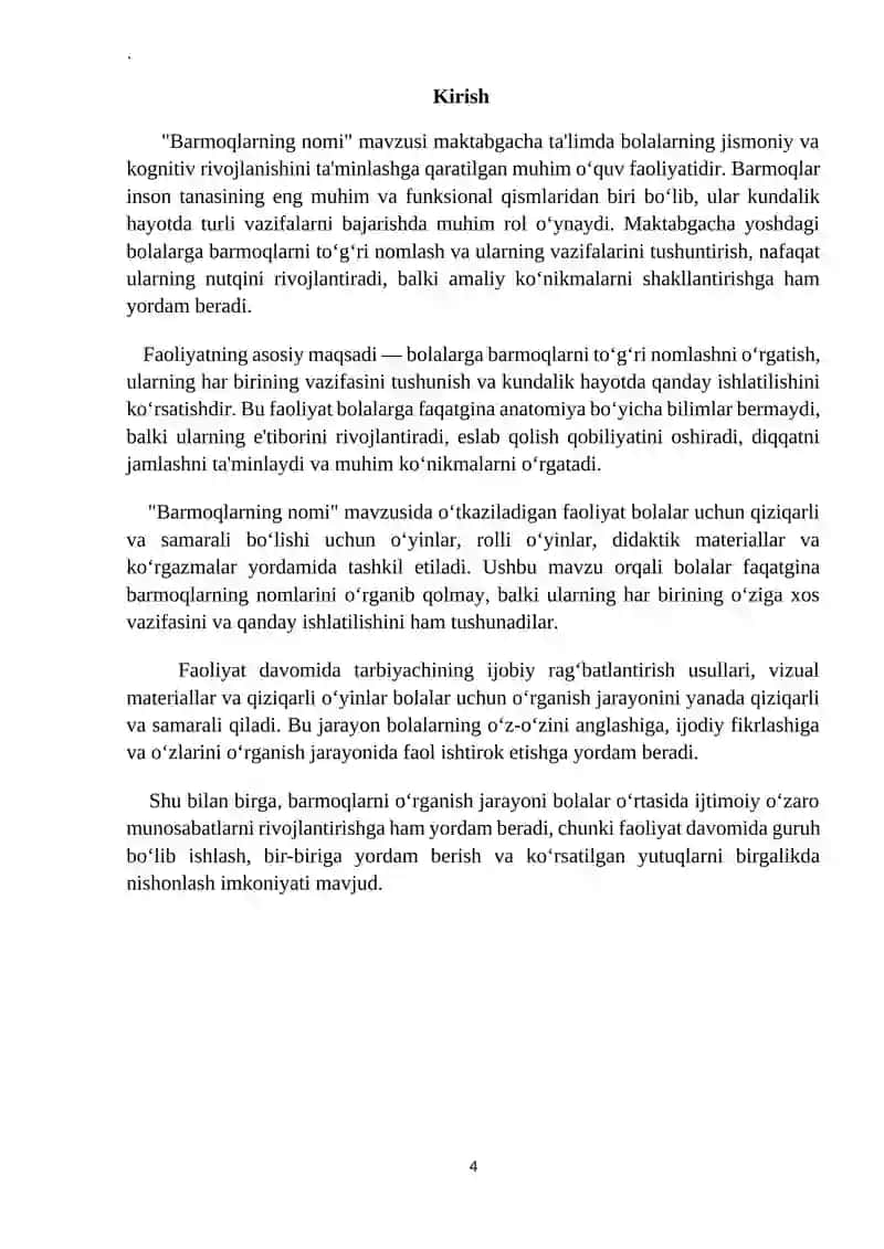 “Barmoqlarning nomi” (kichik guruh). Syujetli-rolli oʼyinlar va sahnalashtirish markazi. 4