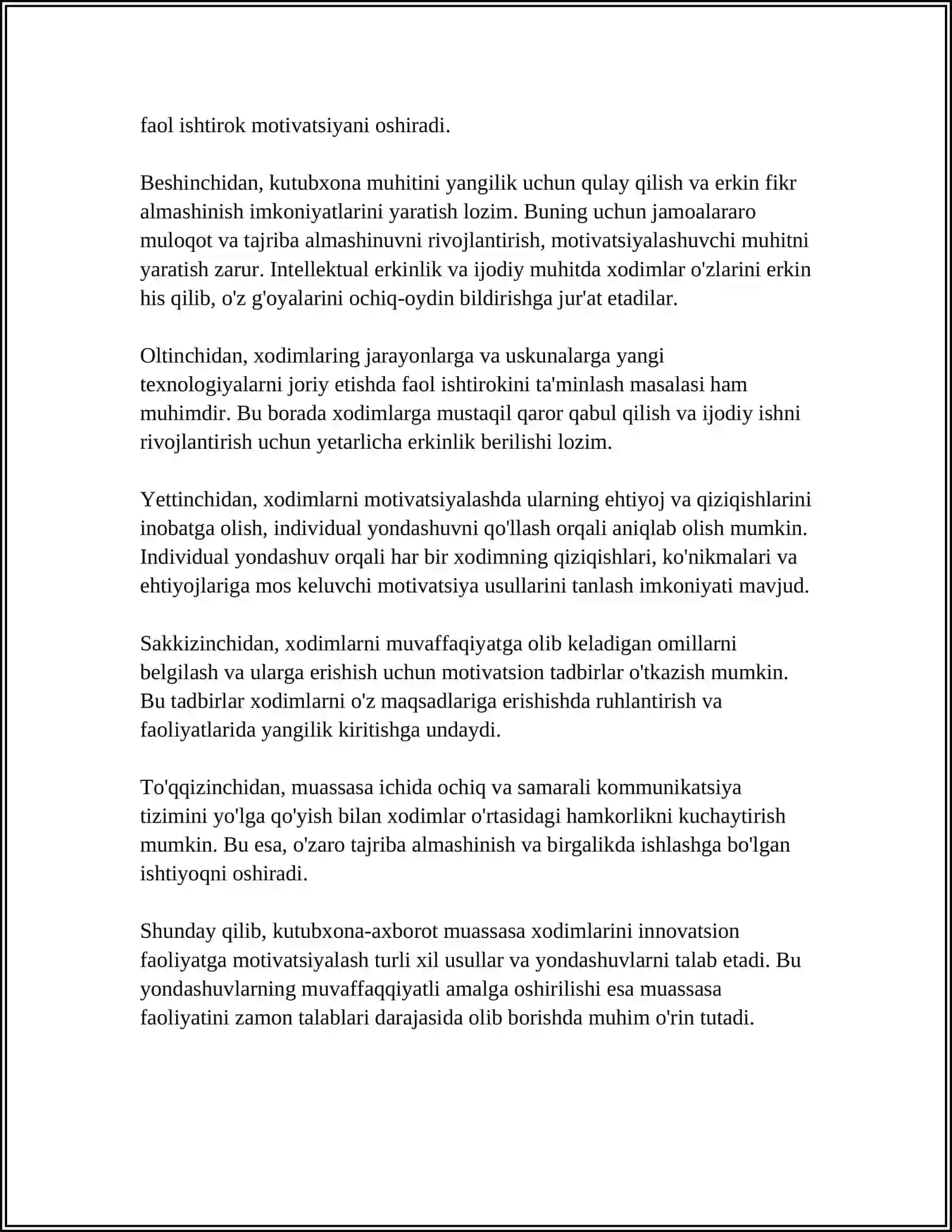 REFERAT: KUTUBXONA- AXBOROT MUASSASA XODIMLARINI INNOVASTSION ISHLARGA JALB ETISH MASALALARI 4
