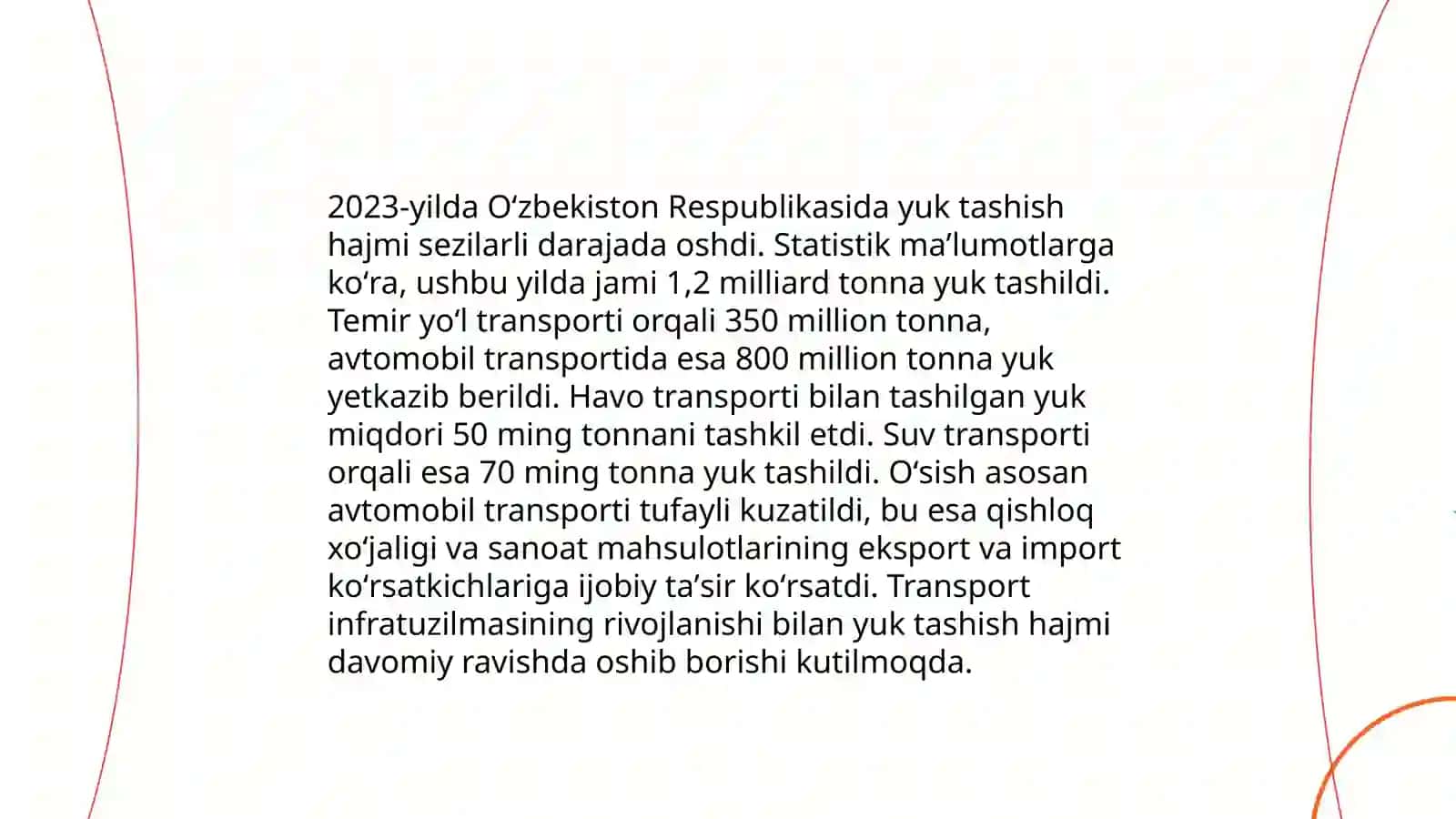 O‘zbekistonda avtomobil transportida yuk va yo'lovchilar tashish ko'rsatkichlari 4