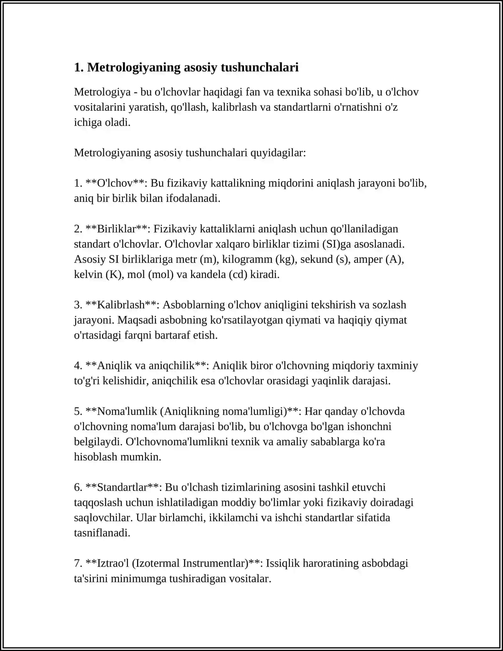 METROLOGIYA TOʻGʻRISIDA TUSHUNCHA.O'LCHOV BIRLIGINI TAʼMINLASH TIZIMI.O'LCHOV VOSITALARI.O'LCHASH USULLARI.O'LCHASH ASBOBLARINI ASOSIY PARAMETRLARI 4