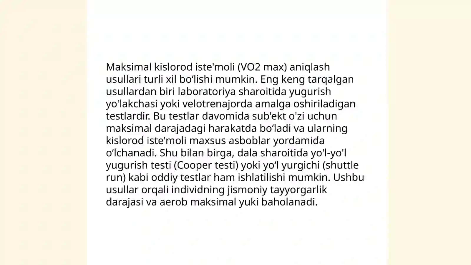Jismoniy ish qobilyatini koslarodni maksimal iste'moli körsatkichi böyicha baholash 4