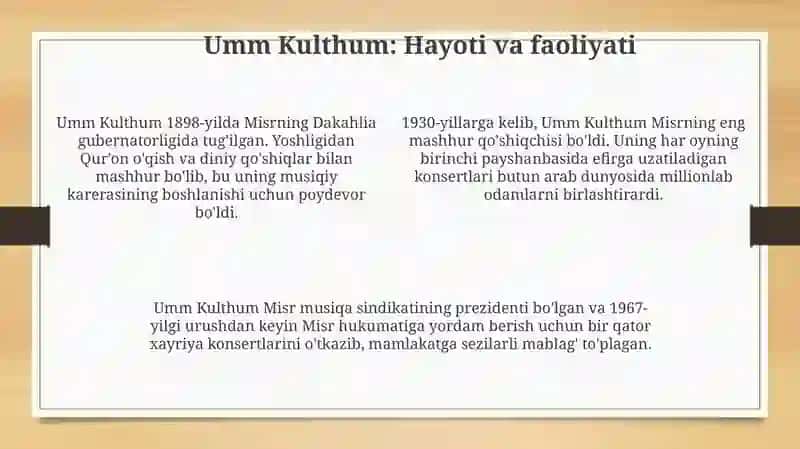 Misr musiqasi ummu kulsum va bosh ijodkorlar faoliyati 4