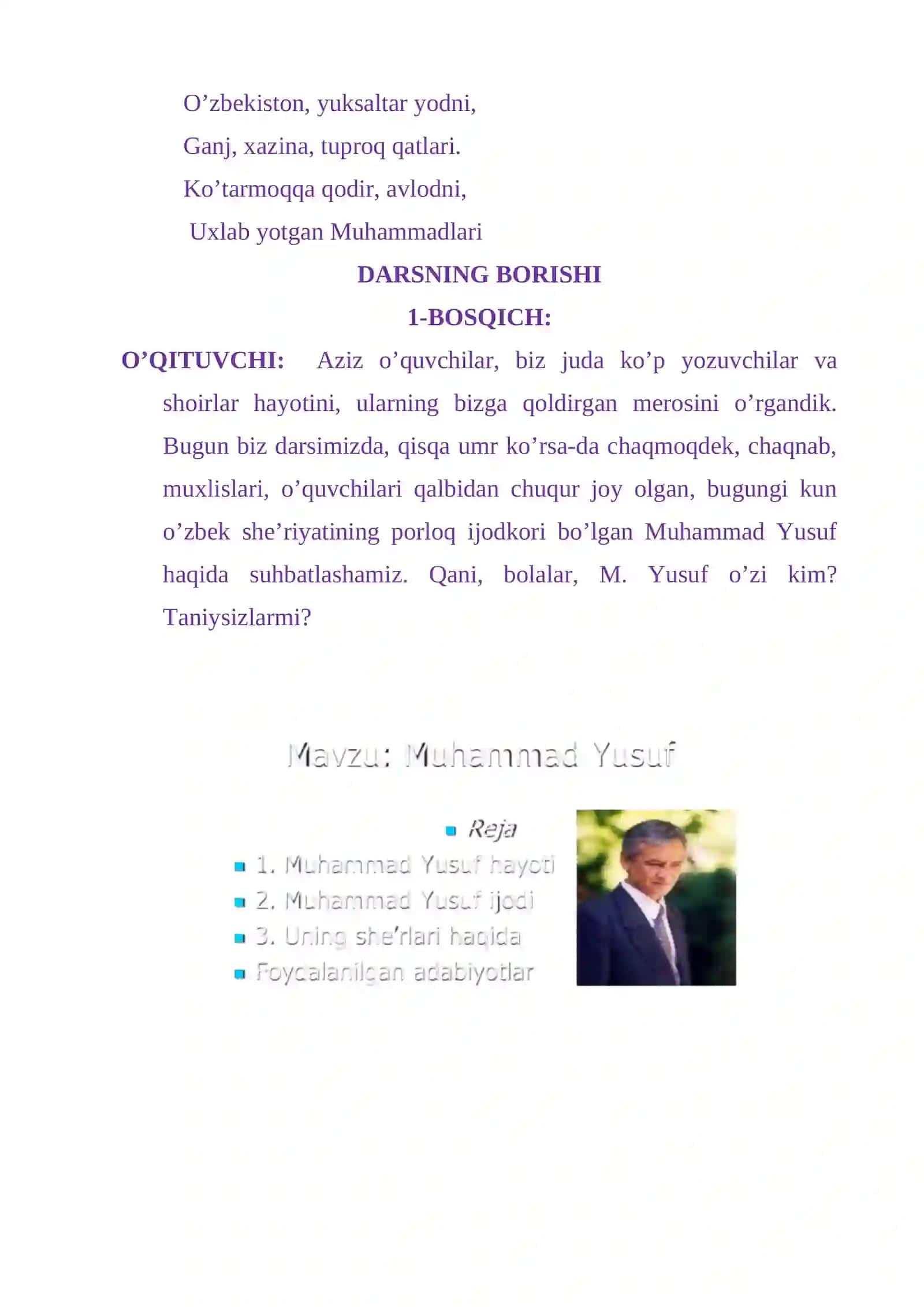 8-sinf Adabiyot fanidan Muhammad Yusuf hayoti va ijodi dars ishlanma 4