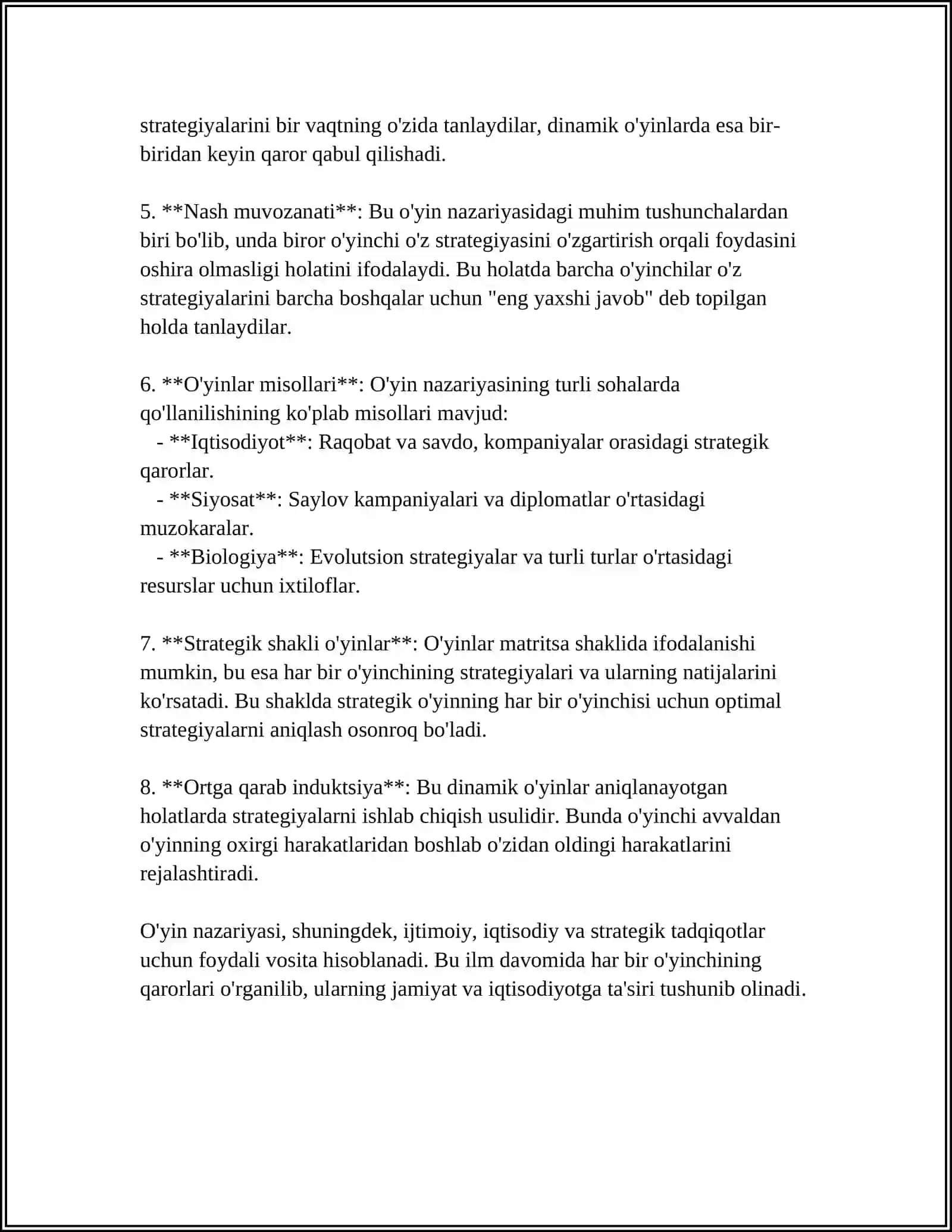 MUSTAQIL ISH Mavzu: UYINLAR NAZARIYASI VA OʻZARO HAMKORLIKLARNI MODELLASHTIRISH 4