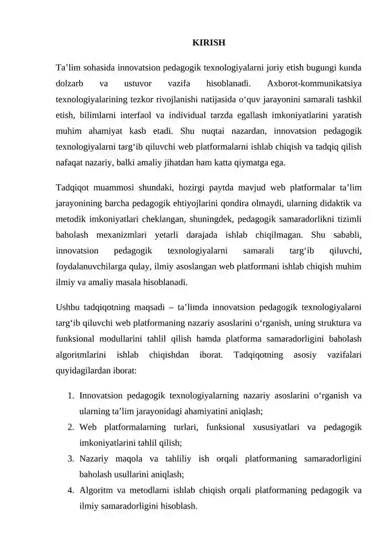 Magistrlik dissertatsiyasining (Ta'limda innovatsion pedagogik texnologiyalarni targ'ib qiluvchi web platforma ishlab chiqish) nazariy qismi bo’yicha tahliliy maqola tayyorlash 4