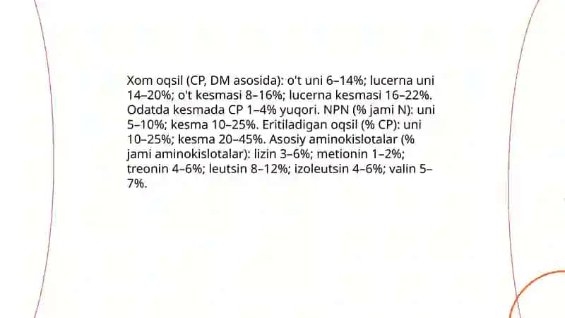 Oʻt uni va oʻt kesmasi ozuqalarning kimyoviy tarkibi va toʻyimlilgini oʻrganish hamda farqlarini taqqoslash 4