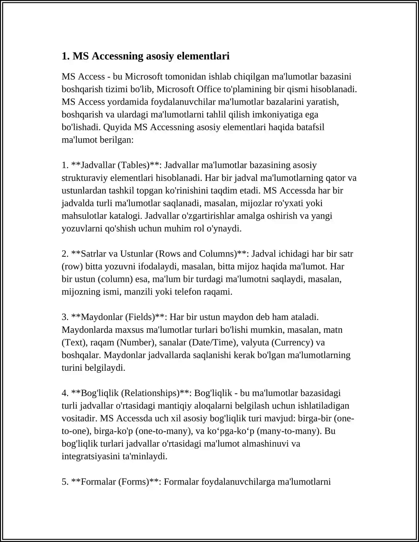 MS ACCESS DASTURINING ASOSIY ELEMENTLARI VA MAYDONLAR XUSUSIYATI 4