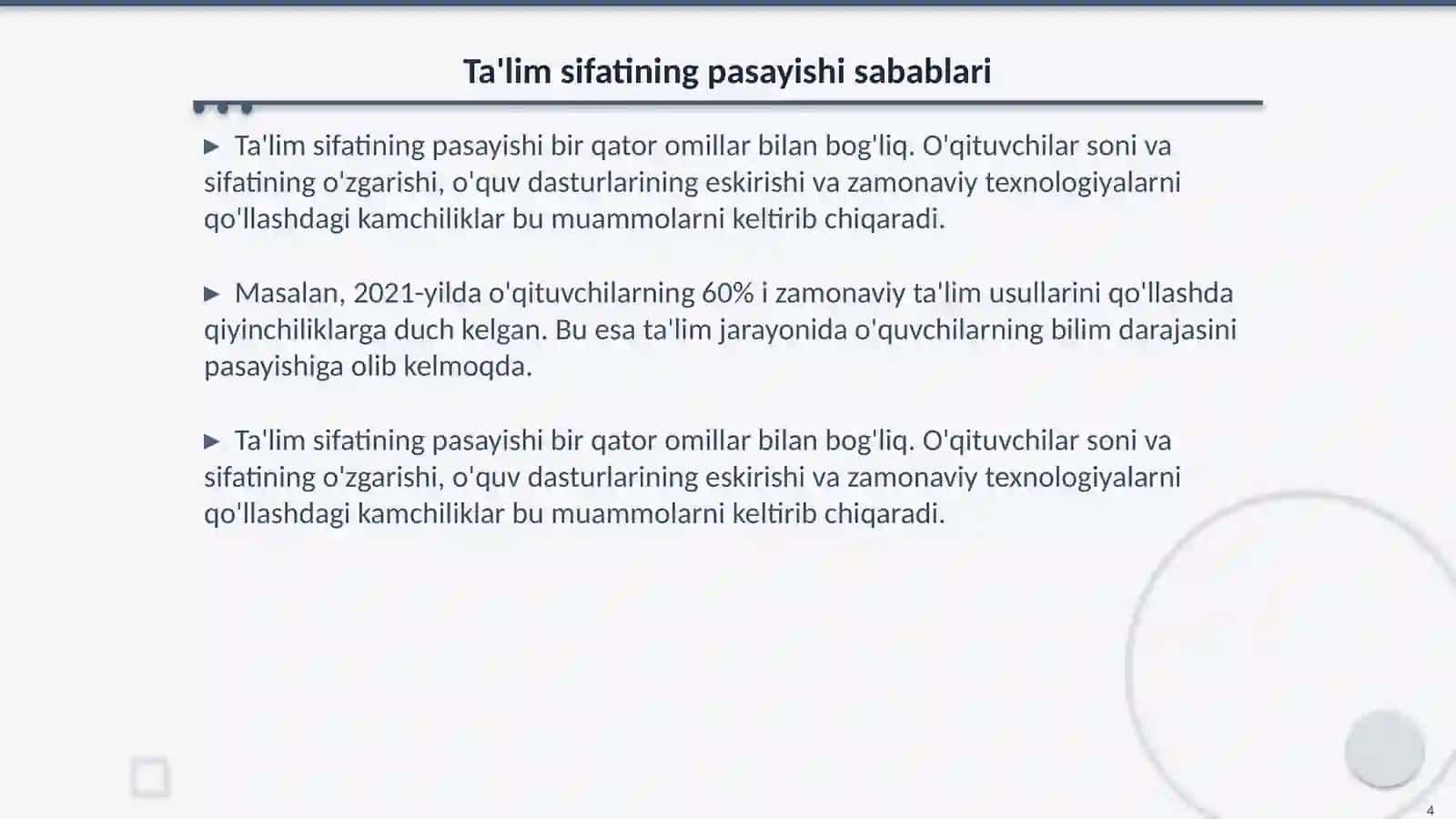 Ta'lim sifatining pasayishi sabablari 4