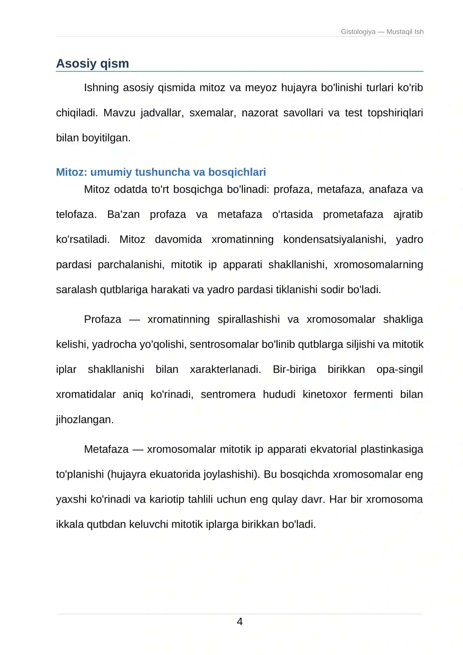 Gistologiya — Mustaqil Ish: Mitoz va meyoz: hujayra bo'linishi turlari 4