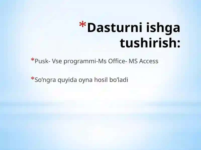 MS Access dasturida ishlash. Ma’lumotlar bazasini yaratish usullari 4
