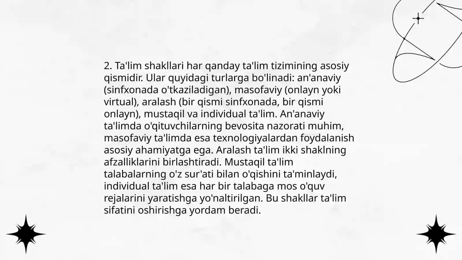 Ta'limni tashkil etish turlari va shakllari.Oʻquvchilarning ijodiy qobiliyatlarini rivojlantirishda qoʻshimcha ta'limning oʻrni. Oʻquvchilarning bilim va malakalarini tashkil etish 4