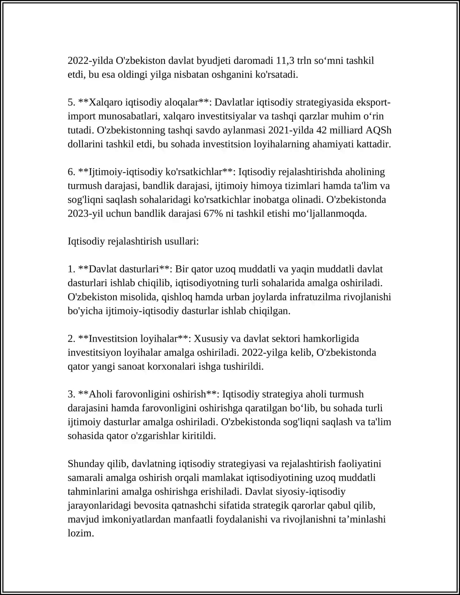 O‘ZBEKISTONDA IQTISODIYOTNI RIVOJLANTIRISHDA DAVLATNING ROLI NIMALARDAN IBORAT 4