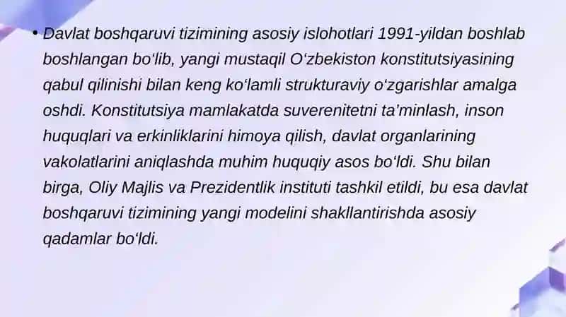 MUSTAQILLIK YILLARIDA DAVLAT BOSHQARUVI TIZIMIDA AMALGA OSHIRILGAN ISLOHOTLAR 4