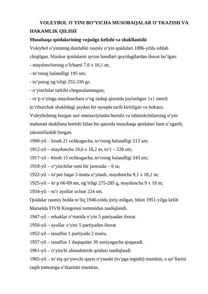 Voleybol o`yini bo’yicha musobaqalar o`tkazish 4