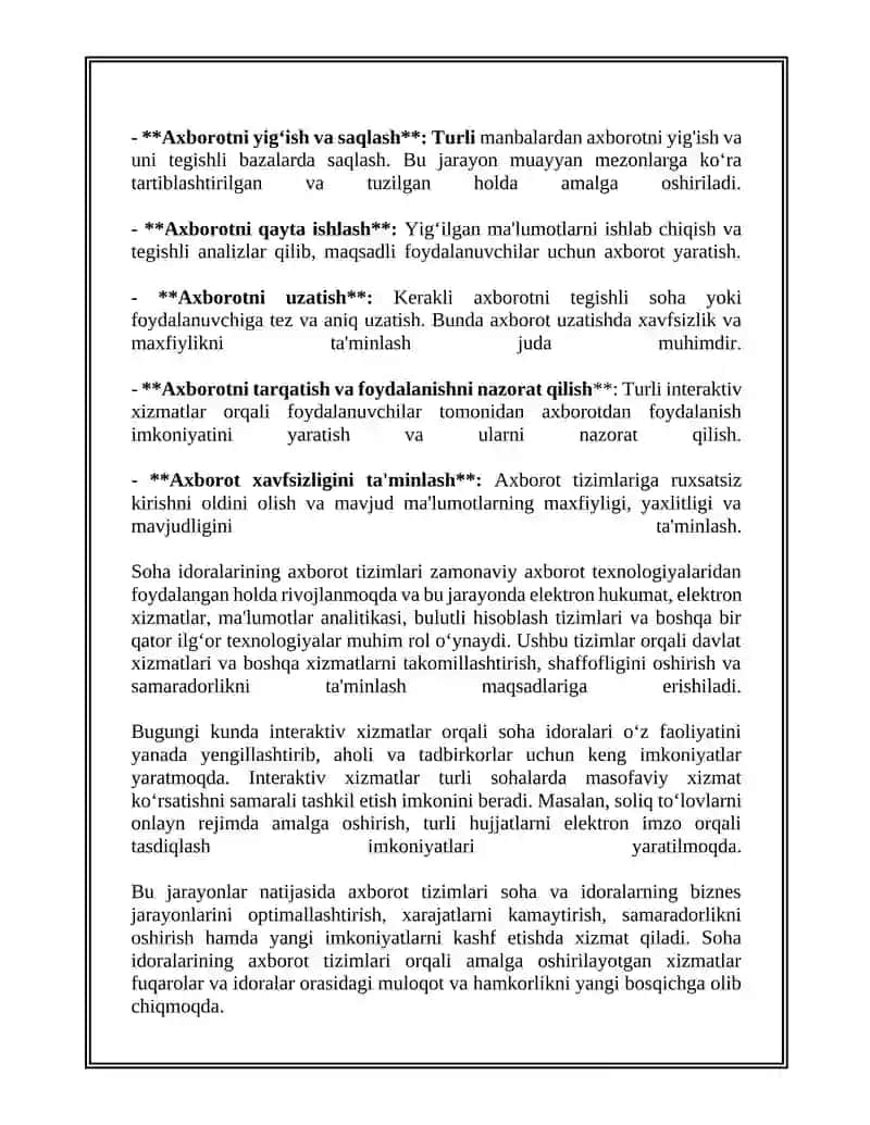Soha idoralarining axborot tizimlari. Sohaning axborot texnologiyalari va ulardan foydalanish. Soha axborot tizimlarning interiktiv xizmatlari 4