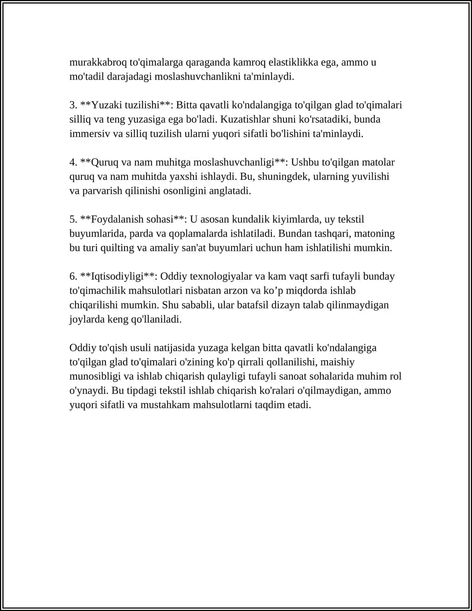 BIR QAVATLI KOʻNDALANGIGA TOʻQILGAN GLAD TOʻQIMASI TUZILISHI, XUSUSIYATLARI VA LOYIHALASH 4
