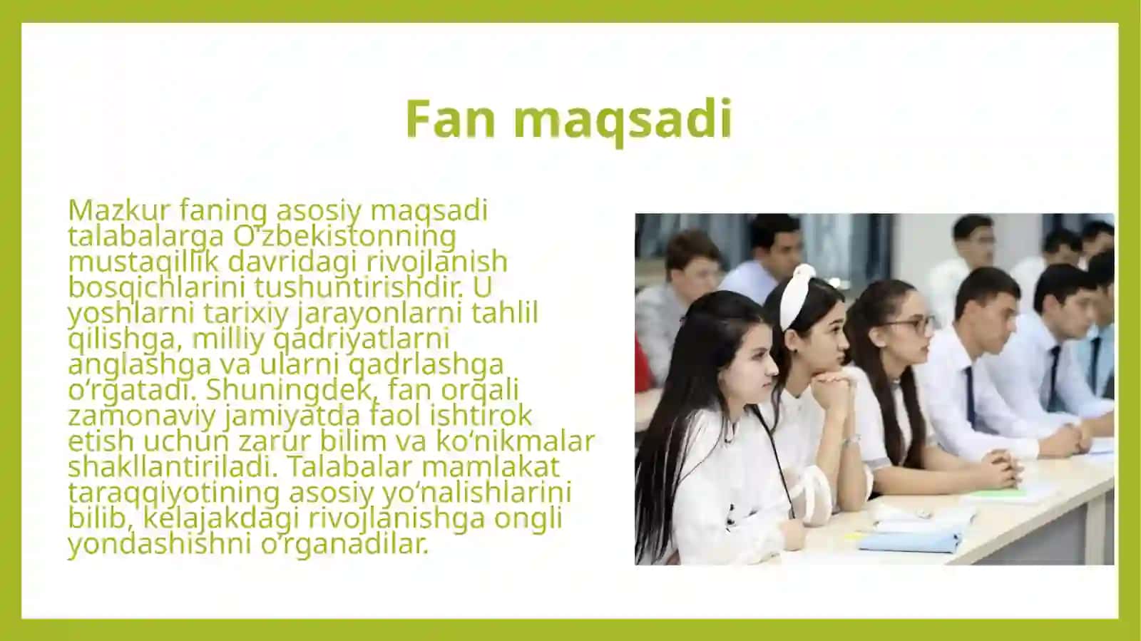 O'zbekistonning eng yangi tarixi o'quv fanining predmenti maqsadi va vazifalari 4